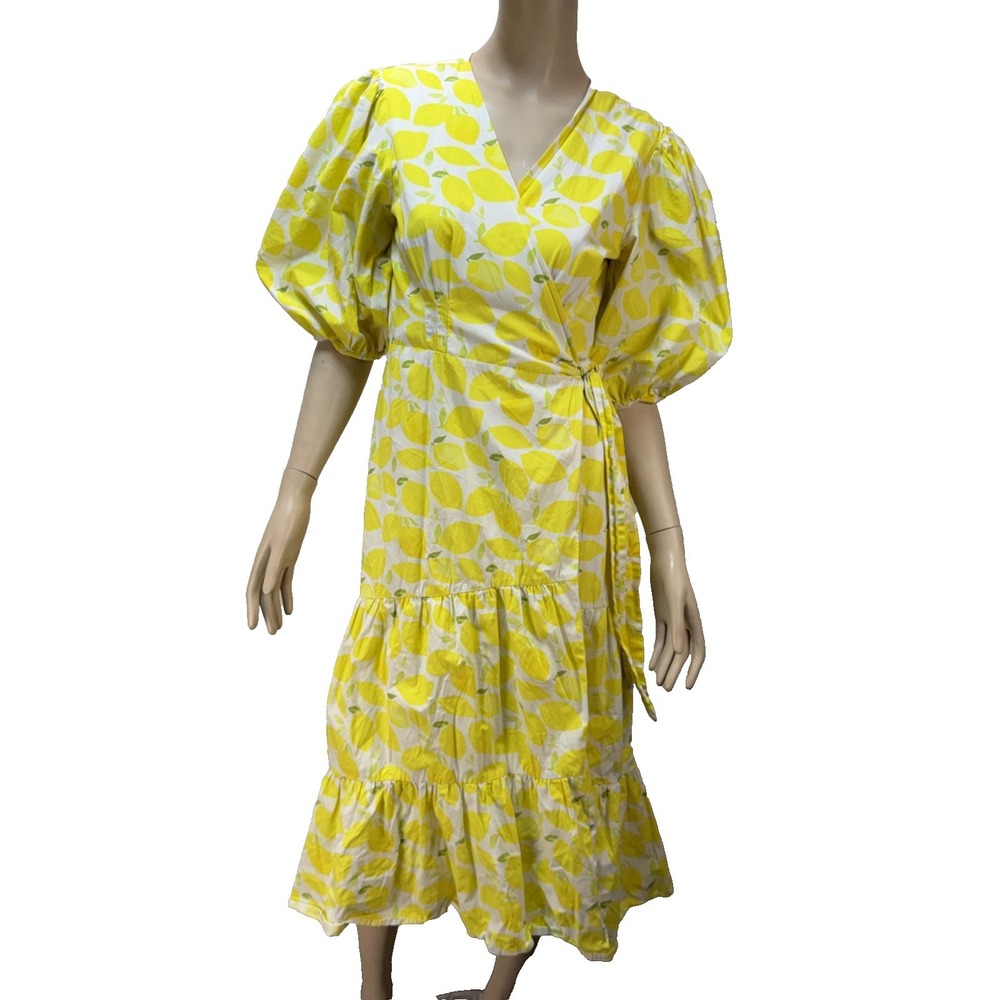 Anthropologie Hutch Wrap Midi Dress Size L Lemon Print Cotton Puff Sleeve